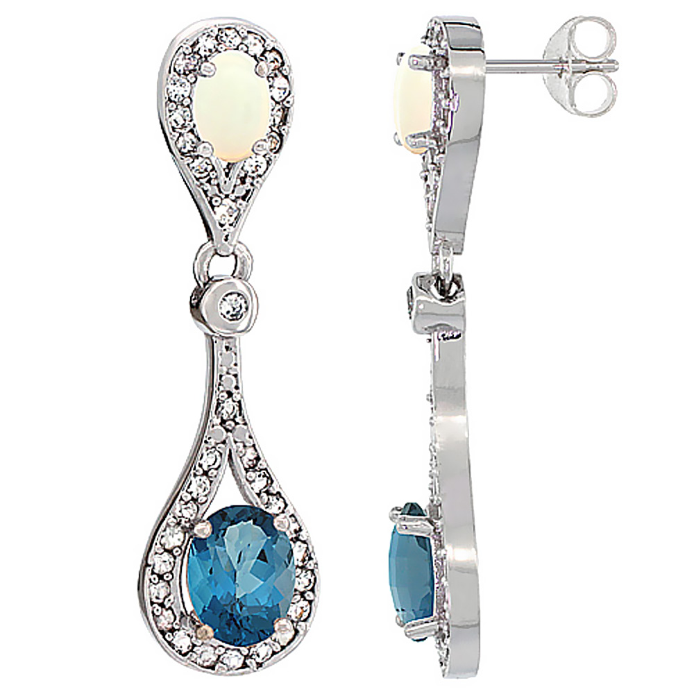 10K WHITE GOLD NATURAL LONDON BLUE TOPAZ & OPAL OVAL DANGLING EARRINGS WHITE SAPPHIRE & DIAMOND ACCENTS, 1 3/8 INCHES LONG
