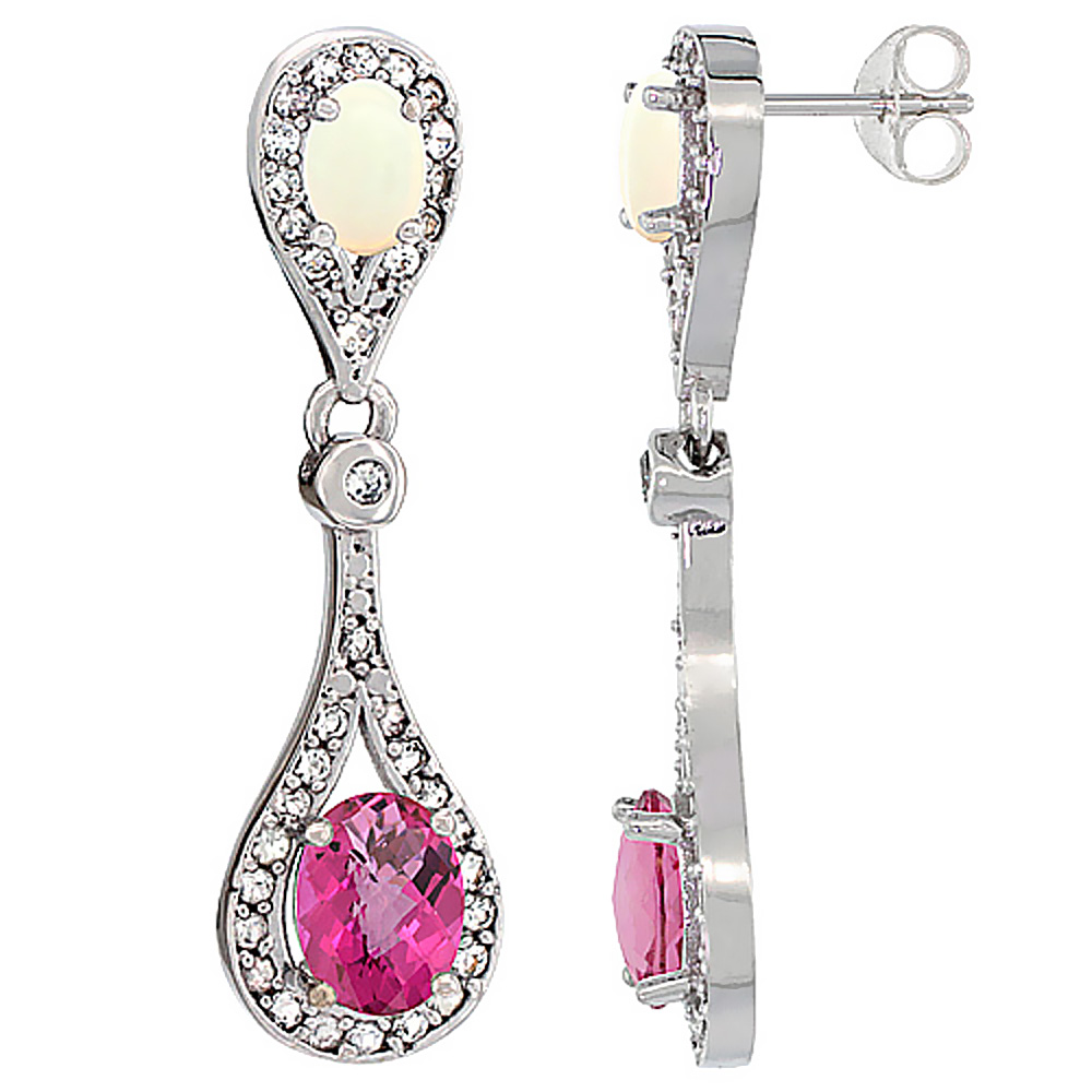 10K WHITE GOLD NATURAL PINK TOPAZ & OPAL OVAL DANGLING EARRINGS WHITE SAPPHIRE & DIAMOND ACCENTS, 1 3/8 INCHES LONG