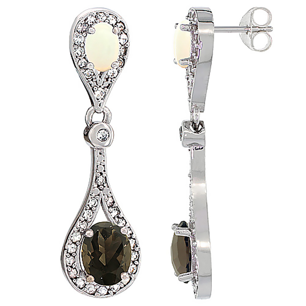 10K WHITE GOLD NATURAL SMOKY TOPAZ & OPAL OVAL DANGLING EARRINGS WHITE SAPPHIRE & DIAMOND ACCENTS, 1 3/8 INCHES LONG