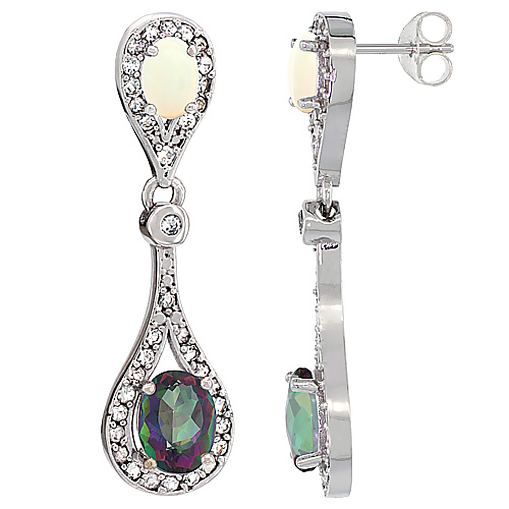 10K WHITE GOLD NATURAL MYSTIC TOPAZ & OPAL OVAL DANGLING EARRINGS WHITE SAPPHIRE & DIAMOND ACCENTS, 1 3/8 INCHES LONG