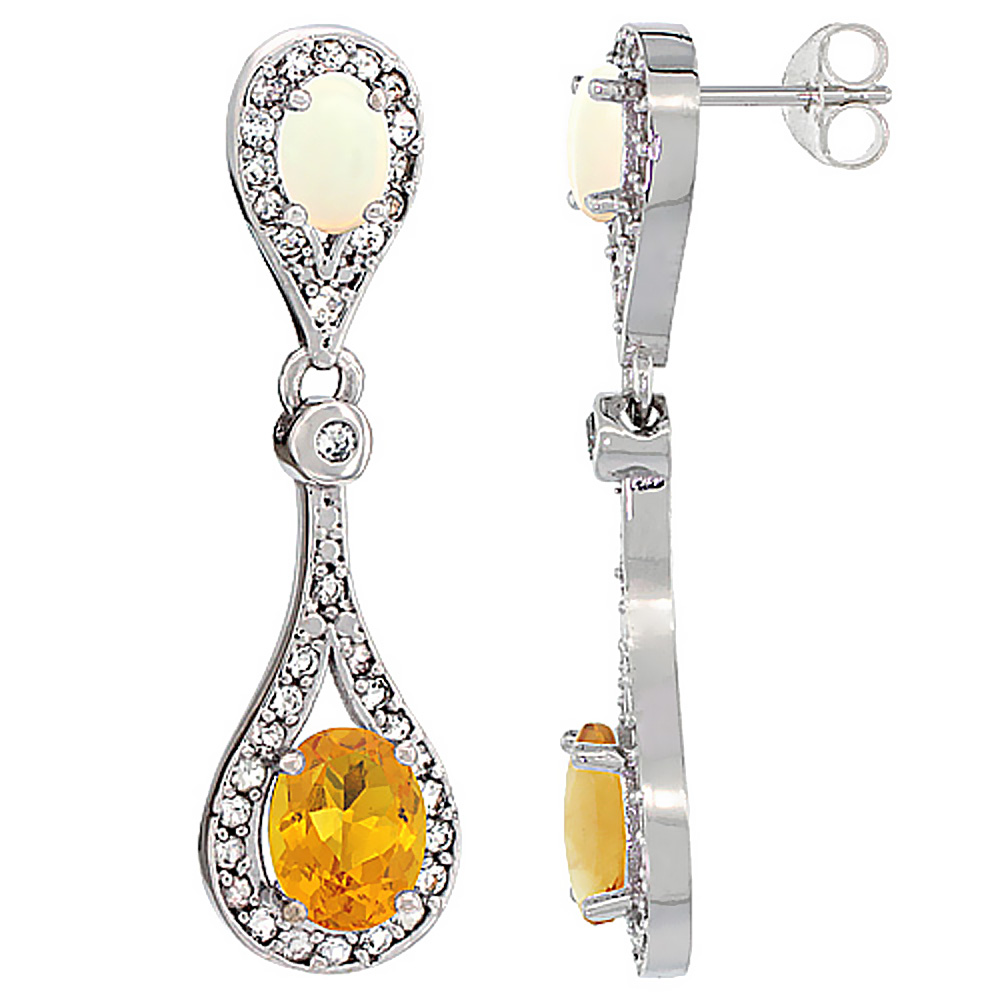10K WHITE GOLD NATURAL CITRINE & OPAL OVAL DANGLING EARRINGS WHITE SAPPHIRE & DIAMOND ACCENTS, 1 3/8 INCHES LONG