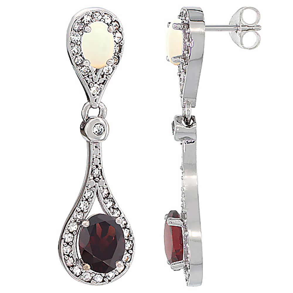 10K WHITE GOLD NATURAL GARNET & OPAL OVAL DANGLING EARRINGS WHITE SAPPHIRE & DIAMOND ACCENTS, 1 3/8 INCHES LONG