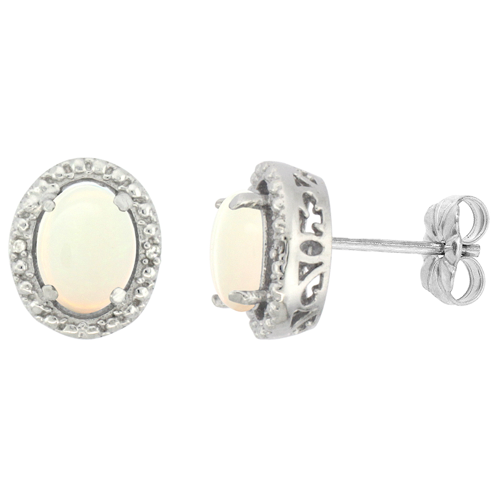 10K WHITE GOLD 0.01 CTTW DIAMOND NATURAL OPAL POST EARRINGS OVAL 7X5 MM