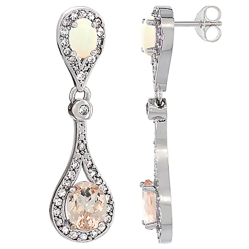 10K WHITE GOLD NATURAL MORGANITE & OPAL OVAL DANGLING EARRINGS WHITE SAPPHIRE & DIAMOND ACCENTS, 1 3/8 INCHES LONG