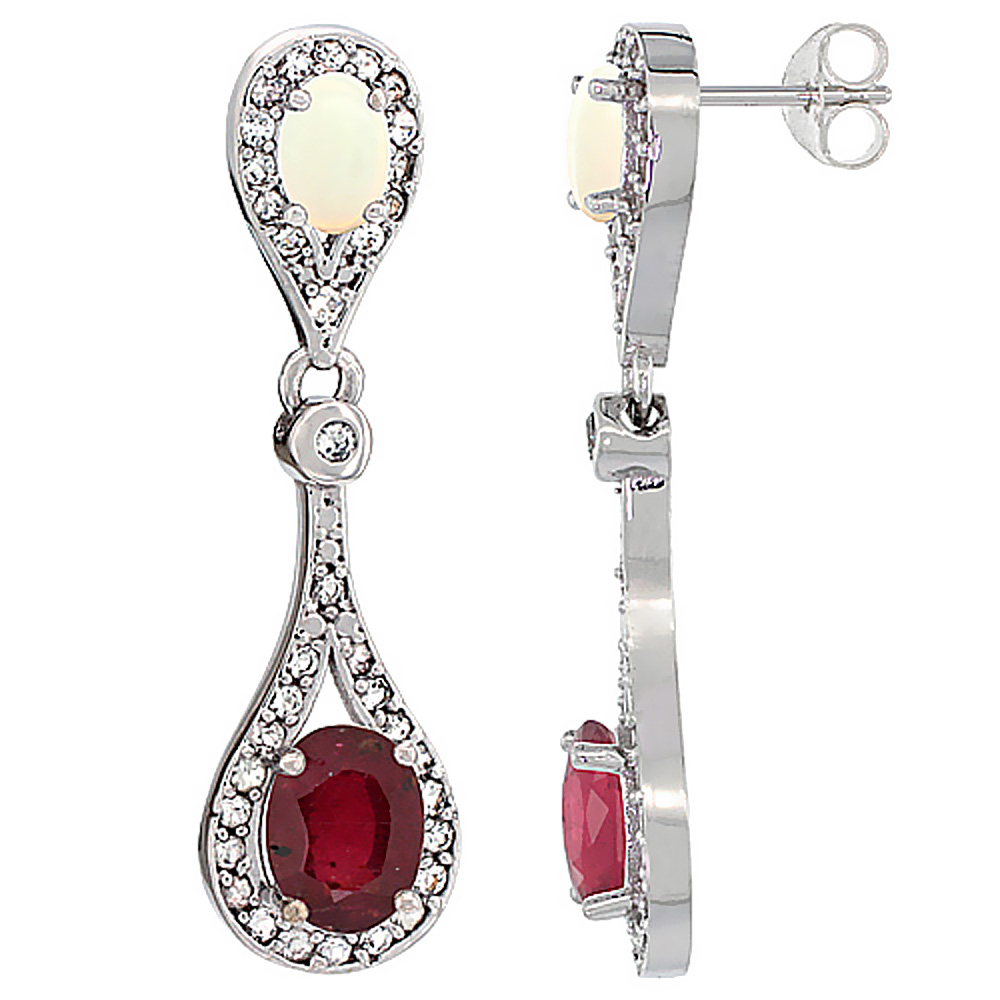10K WHITE GOLD ENHANCED RUBY & OPAL OVAL DANGLING EARRINGS WHITE SAPPHIRE & DIAMOND ACCENTS, 1 3/8 INCHES LONG