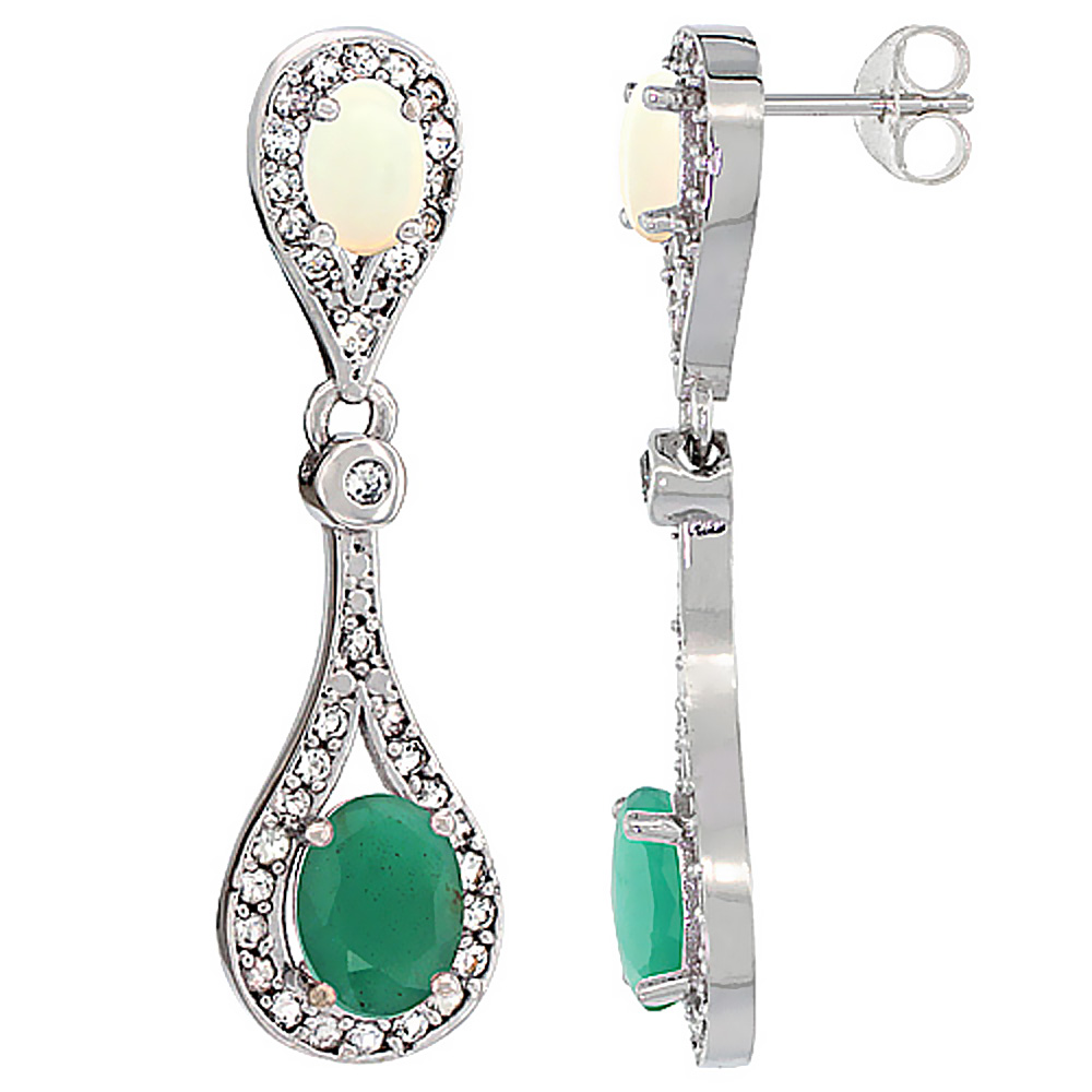 10K WHITE GOLD NATURAL EMERALD & OPAL OVAL DANGLING EARRINGS WHITE SAPPHIRE & DIAMOND ACCENTS, 1 3/8 INCHES LONG