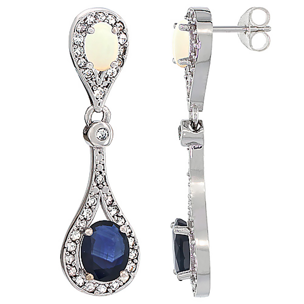 10K WHITE GOLD NATURAL BLUE SAPPHIRE & OPAL OVAL DANGLING EARRINGS WHITE SAPPHIRE & DIAMOND ACCENTS, 1 3/8 INCHES LONG
