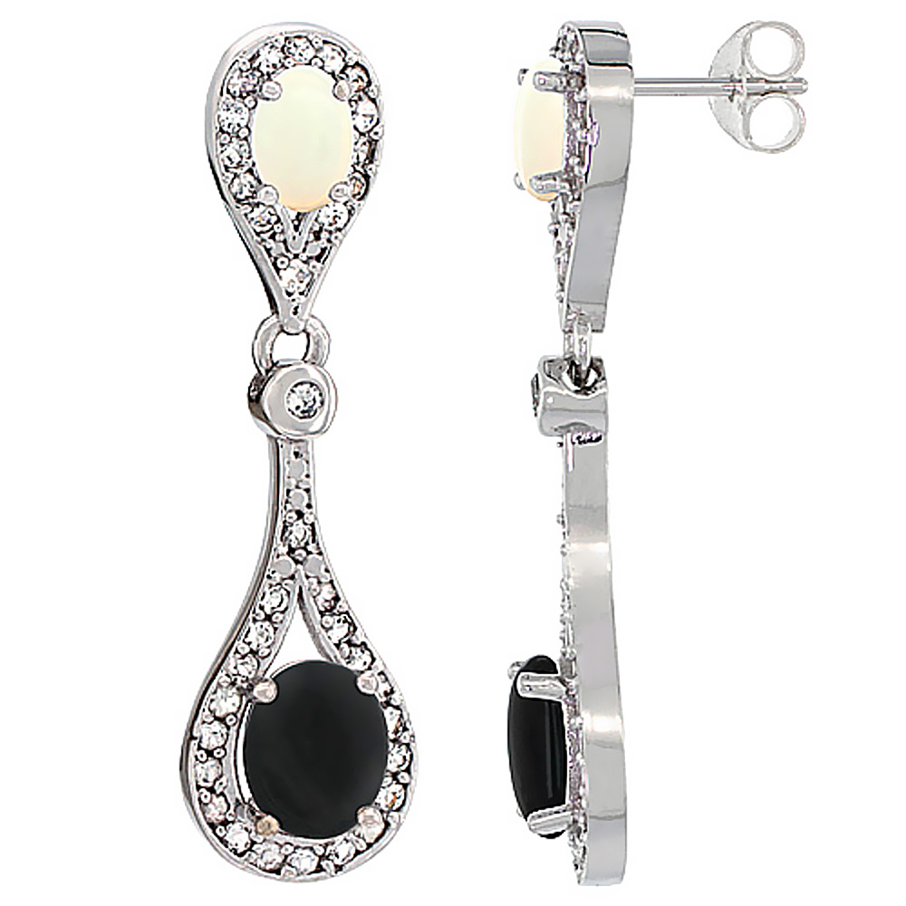 10K WHITE GOLD NATURAL BLACK ONYX & OPAL OVAL DANGLING EARRINGS WHITE SAPPHIRE & DIAMOND ACCENTS, 1 3/8 INCHES LONG