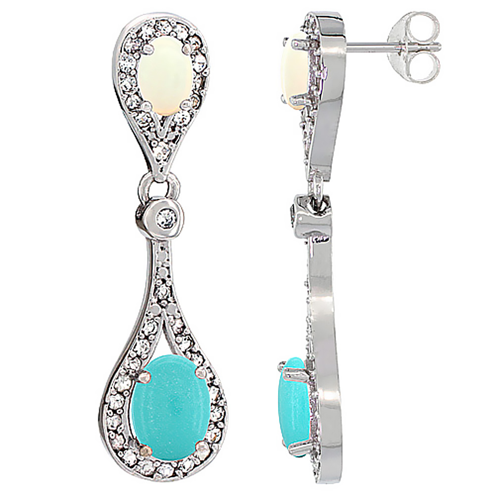10K WHITE GOLD NATURAL TURQUOISE & OPAL OVAL DANGLING EARRINGS WHITE SAPPHIRE & DIAMOND ACCENTS, 1 3/8 INCHES LONG