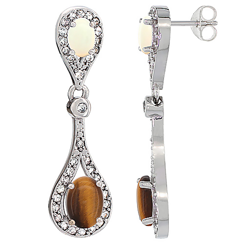 10K WHITE GOLD NATURAL TIGER EYE & OPAL OVAL DANGLING EARRINGS WHITE SAPPHIRE & DIAMOND ACCENTS, 1 3/8 INCHES LONG