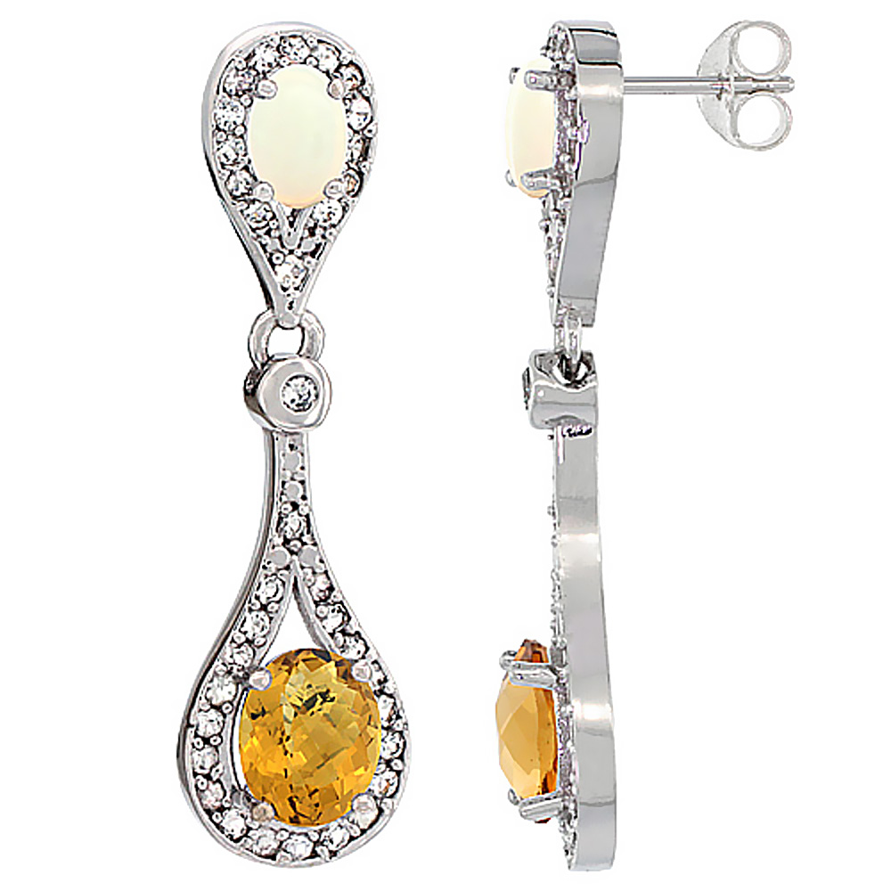 10K WHITE GOLD NATURAL WHISKY QUARTZ & OPAL OVAL DANGLING EARRINGS WHITE SAPPHIRE & DIAMOND ACCENTS, 1 3/8 INCHES LONG