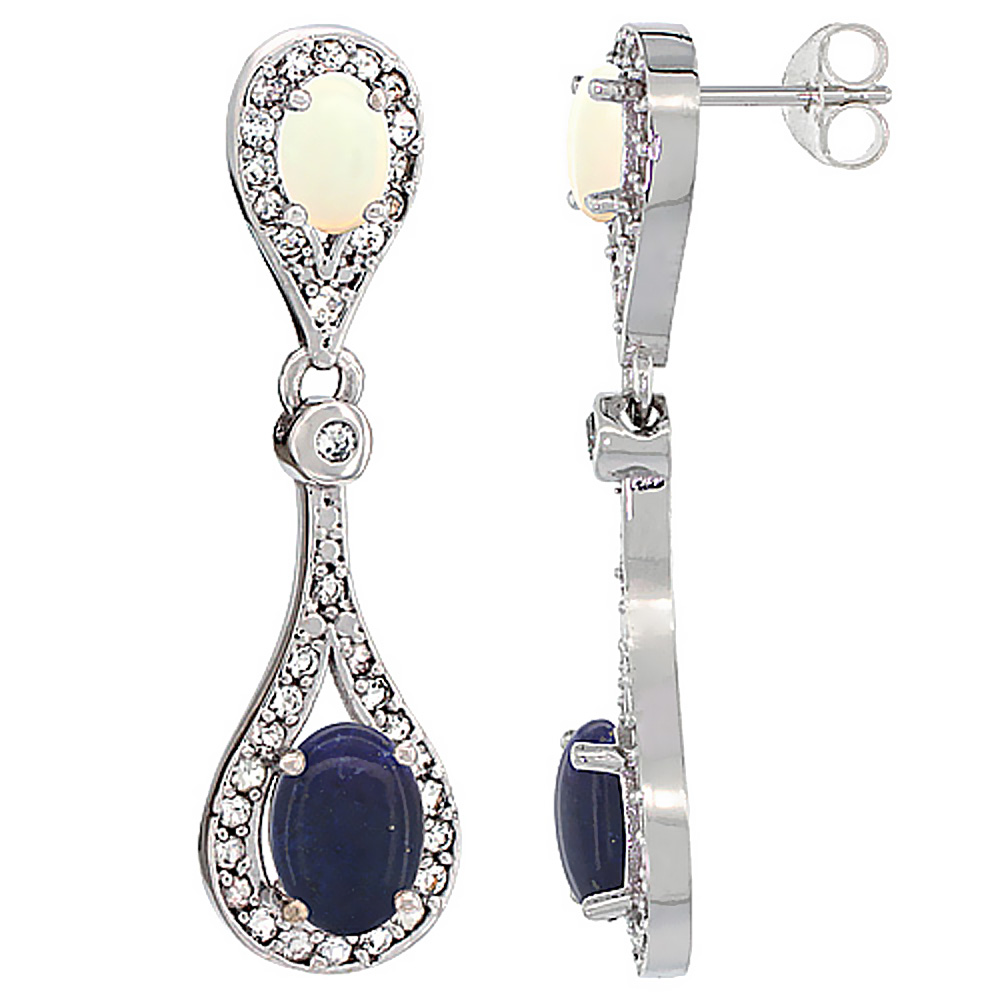 10K WHITE GOLD NATURAL LAPIS & OPAL OVAL DANGLING EARRINGS WHITE SAPPHIRE & DIAMOND ACCENTS, 1 3/8 INCHES LONG