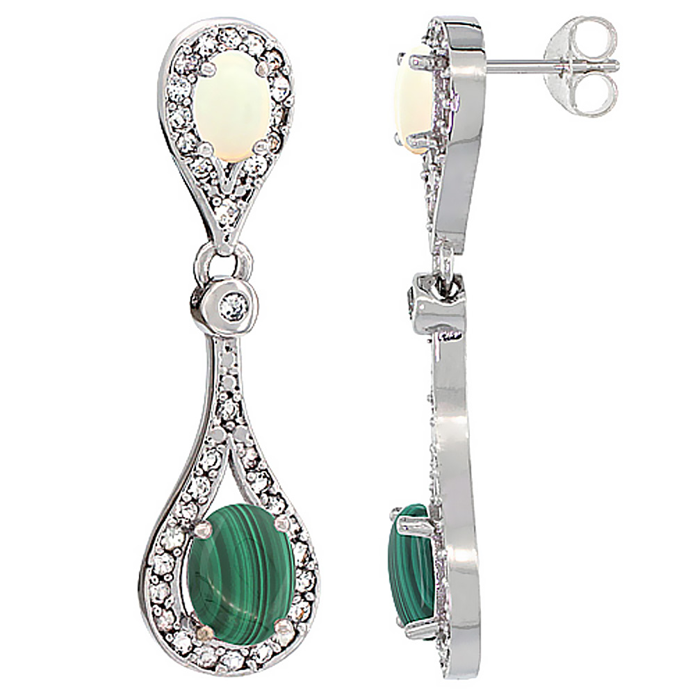 10K WHITE GOLD NATURAL MALACHITE & OPAL OVAL DANGLING EARRINGS WHITE SAPPHIRE & DIAMOND ACCENTS, 1 3/8 INCHES LONG