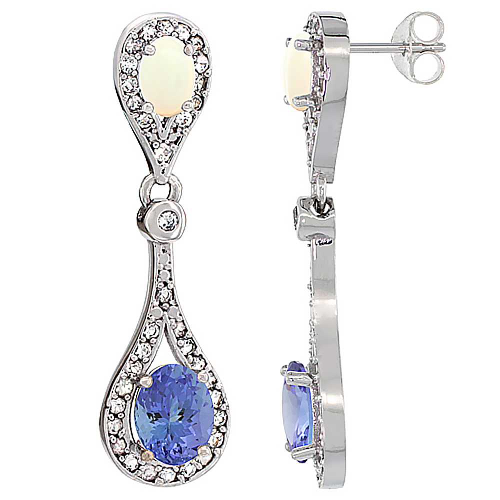 10K WHITE GOLD NATURAL TANZANITE & OPAL OVAL DANGLING EARRINGS WHITE SAPPHIRE & DIAMOND ACCENTS, 1 3/8 INCHES LONG