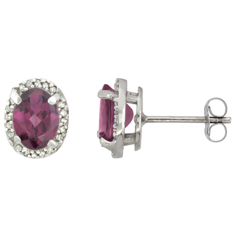 10K WHITE GOLD DIAMOND NATURAL RHODOLITE EARRINGS OVAL 7X5 MM