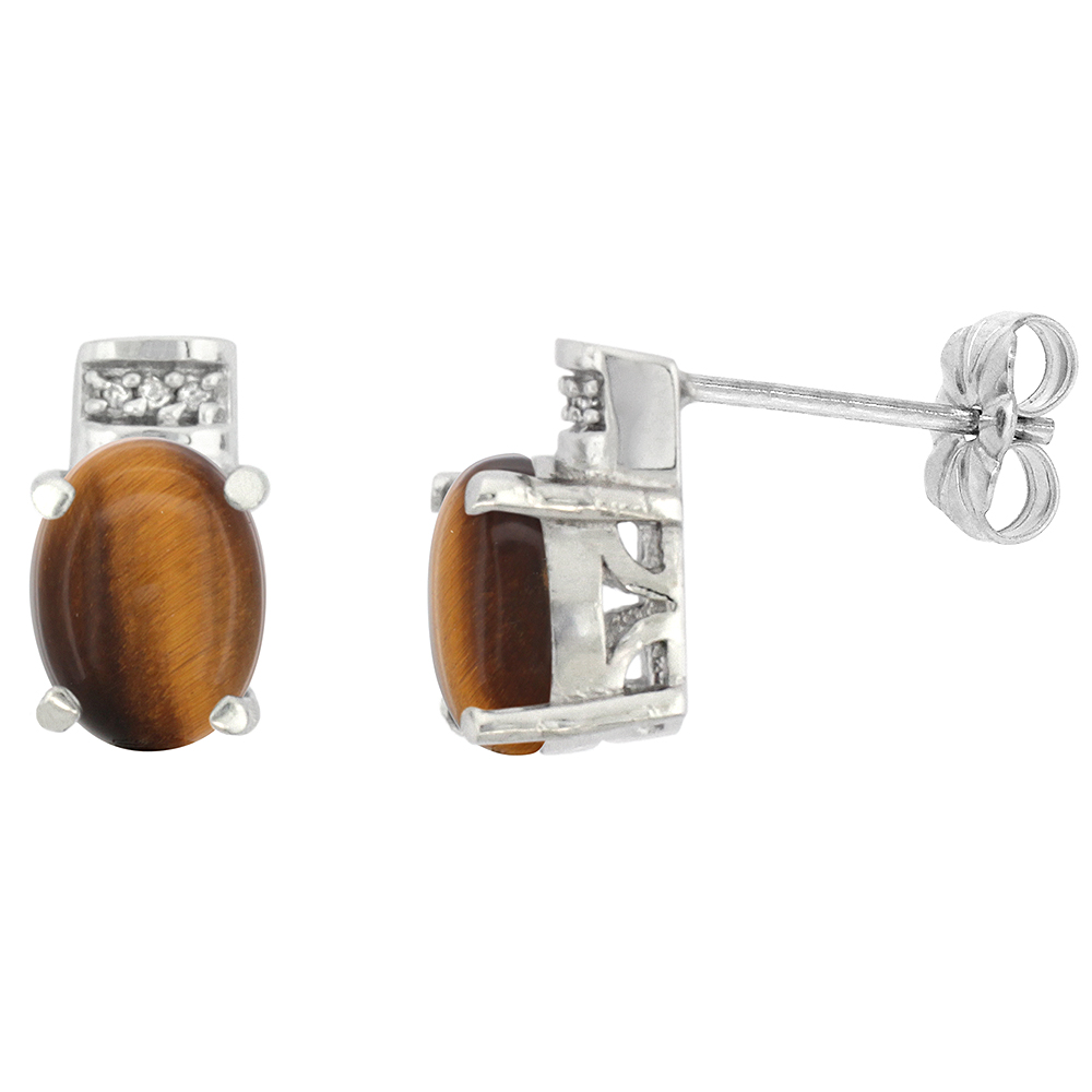 10K White Gold Diamond Natural Tiger Eye Earrings Oval 8x6 mm