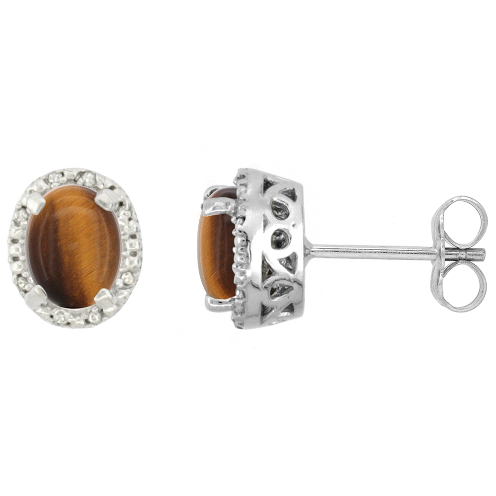 10K White Gold Diamond Halo Natural Tiger Eye Stud Earrings Oval 7x5 mm