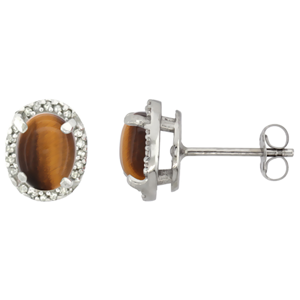 10K WHITE GOLD DIAMOND NATURAL TIGER EYE EARRINGS OVAL 7X5 MM