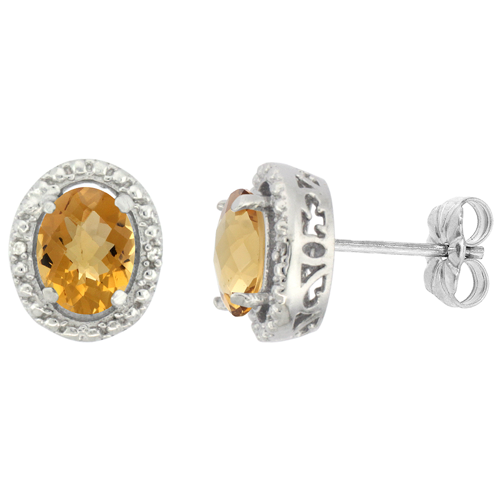 10K WHITE GOLD 0.01 CTTW DIAMOND NATURAL WHISKY QUARTZ POST EARRINGS OVAL 7X5 MM