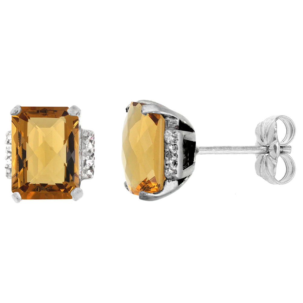 10K WHITE GOLD 0.02 CTTW DIAMOND NATURAL WHISKY QUARTZ EARRINGS OCTAGON 8X6 MM