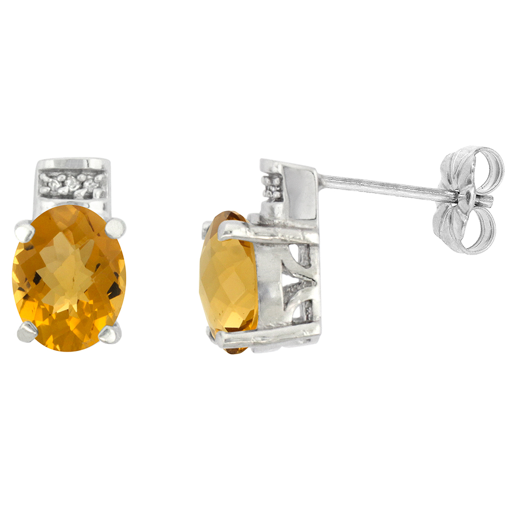 10K WHITE GOLD DIAMOND NATURAL WHISKY QUARTZ EARRINGS OVAL 8X6 MM