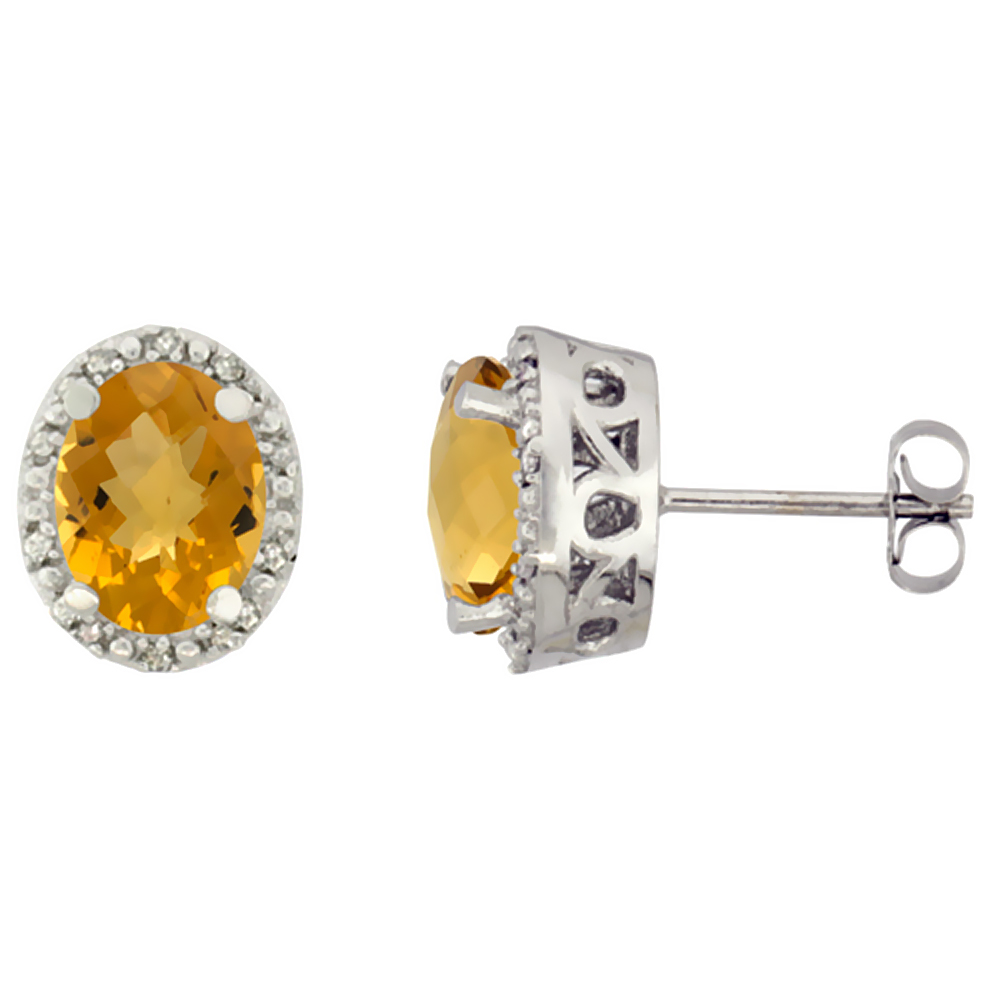 10K WHITE GOLD GENUINE WHISKY QUARTZ STUD EARRINGS DIAMOND HALO OVAL 8X6 MM