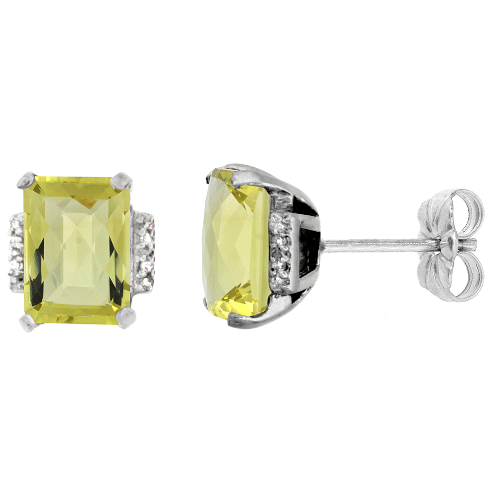 10K WHITE GOLD 0.02 CTTW DIAMOND NATURAL LEMON QUARTZ EARRINGS OCTAGON 8X6 MM