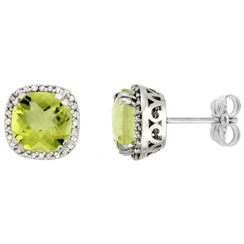 10k White Gold Diamond Halo Natural Lemon Quartz Stud Earrings Cushion Shaped 7x7 mm