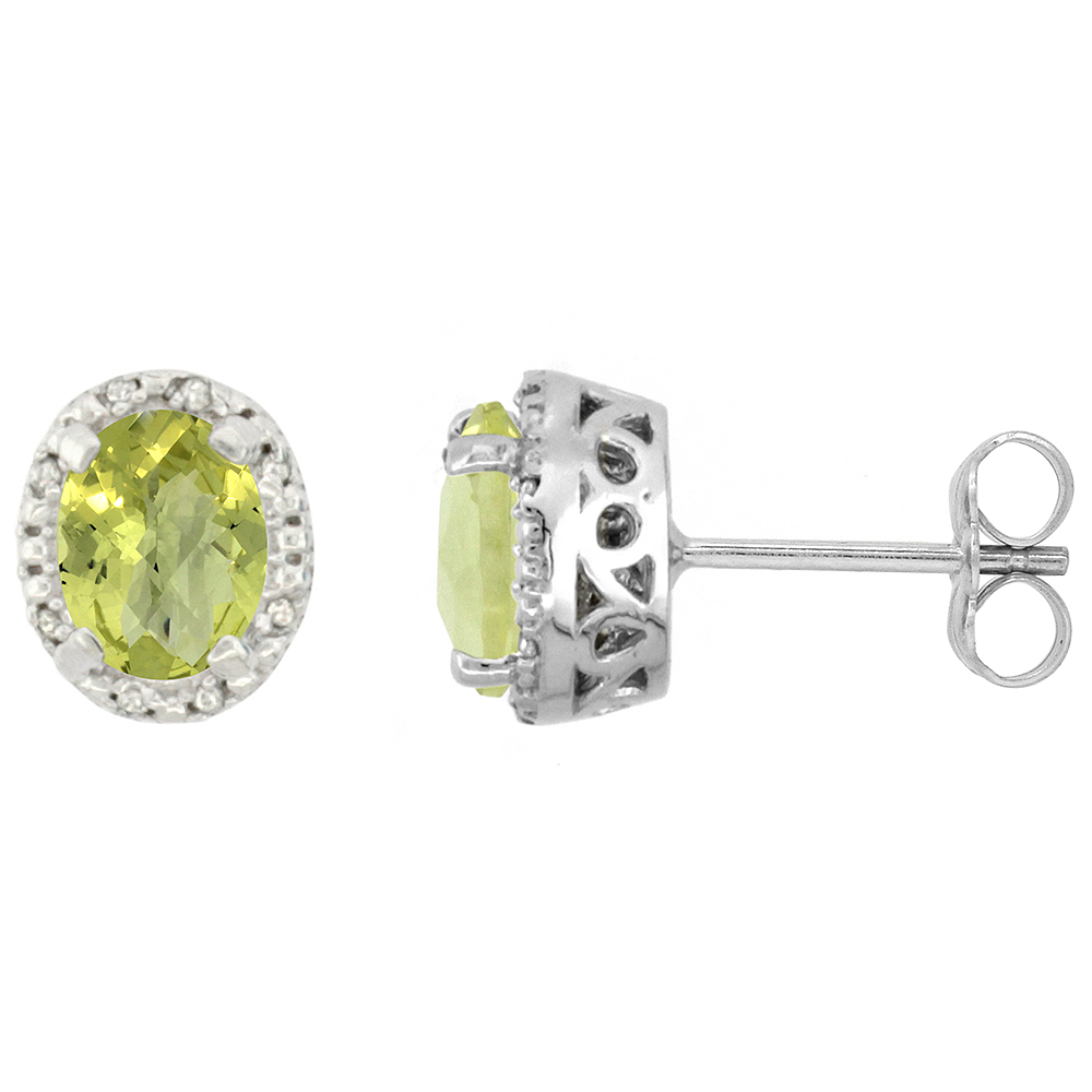 10K White Gold Diamond Halo Natural Lemon Quartz Stud Earrings Oval 7x5 mm