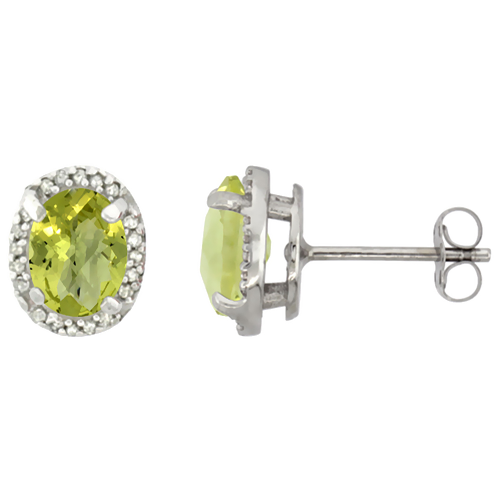 10K WHITE GOLD DIAMOND NATURAL LEMON QUARTZ EARRINGS OVAL 7X5 MM