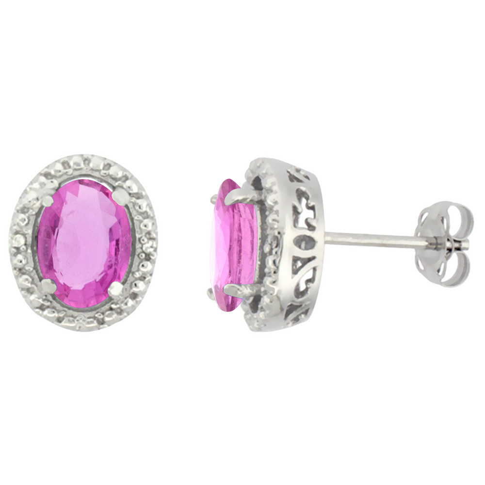 10K WHITE GOLD 0.01 CTTW DIAMOND NATURAL PINK SAPPHIRE POST EARRINGS OVAL 7X5 MM