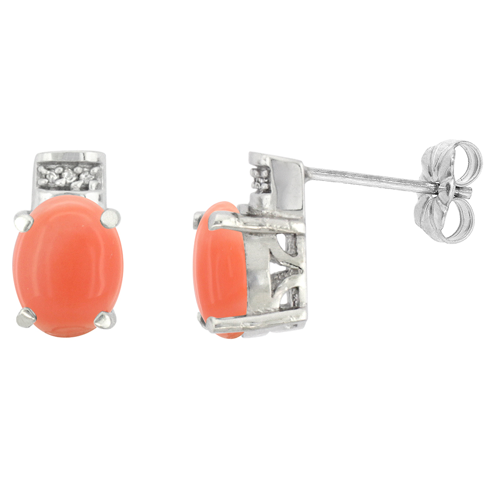 10K WHITE GOLD DIAMOND NATURAL CORAL EARRINGS OVAL 8X6 MM