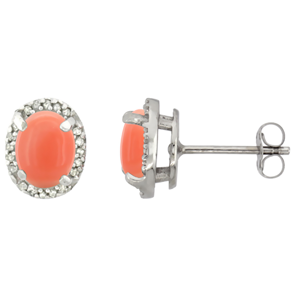 10K WHITE GOLD DIAMOND NATURAL CORAL EARRINGS OVAL 7X5 MM