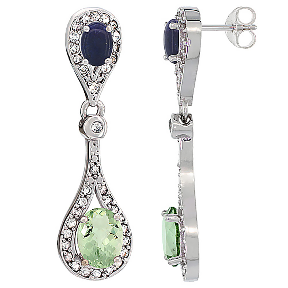 10K WHITE GOLD NATURAL GREEN AMETHYST & LAPIS OVAL DANGLING EARRINGS WHITE SAPPHIRE & DIAMOND ACCENTS, 1 3/8 INCHES LONG