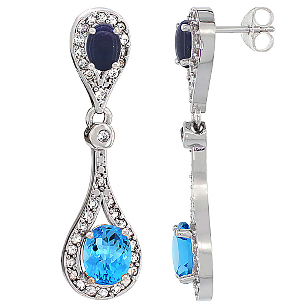 10K WHITE GOLD NATURAL SWISS BLUE TOPAZ & LAPIS OVAL DANGLING EARRINGS WHITE SAPPHIRE & DIAMOND ACCENTS, 1 3/8 INCHES LONG