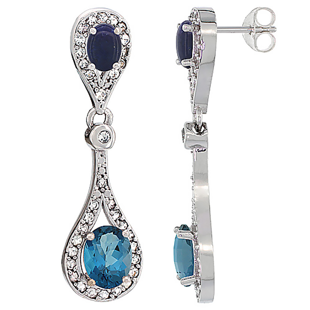 10K WHITE GOLD NATURAL LONDON BLUE TOPAZ & LAPIS OVAL DANGLING EARRINGS WHITE SAPPHIRE & DIAMOND ACCENTS, 1 3/8 INCHES LONG