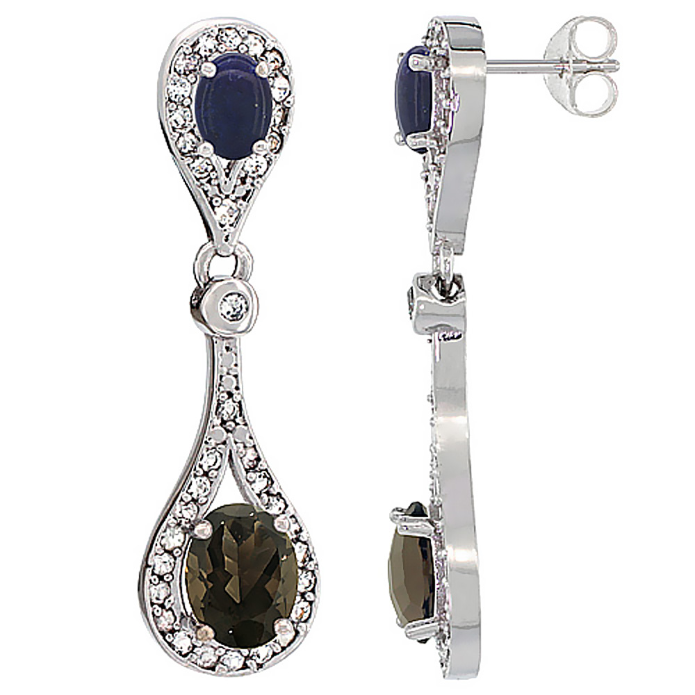 10K WHITE GOLD NATURAL SMOKY TOPAZ & LAPIS OVAL DANGLING EARRINGS WHITE SAPPHIRE & DIAMOND ACCENTS, 1 3/8 INCHES LONG