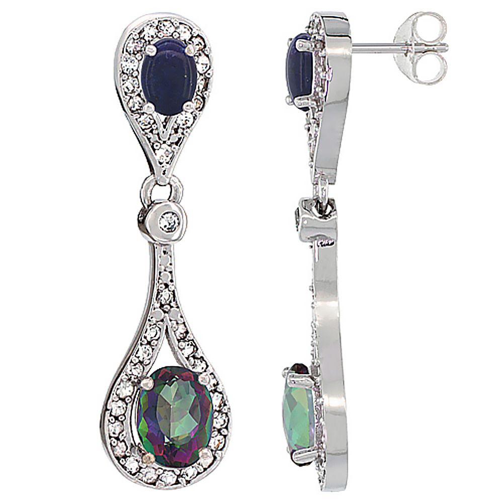 10K WHITE GOLD NATURAL MYSTIC TOPAZ & LAPIS OVAL DANGLING EARRINGS WHITE SAPPHIRE & DIAMOND ACCENTS, 1 3/8 INCHES LONG