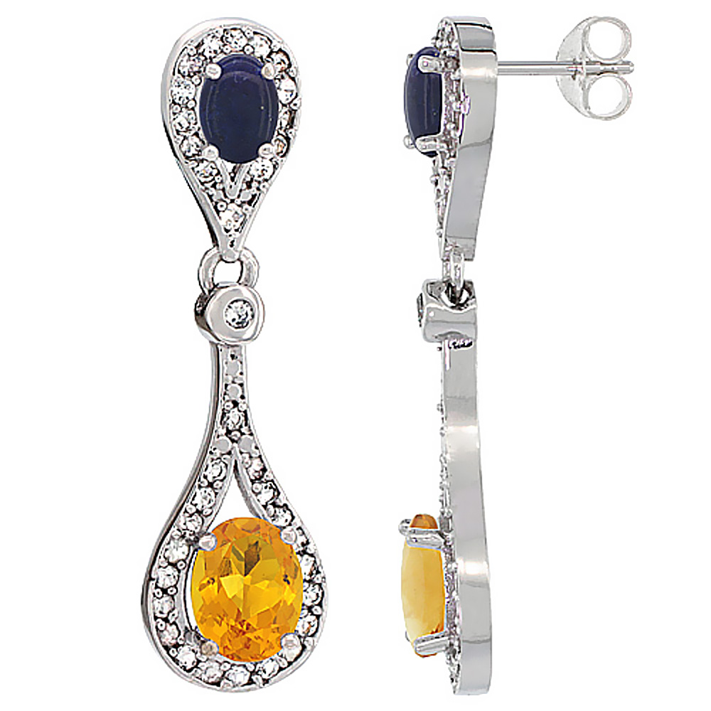 10K WHITE GOLD NATURAL CITRINE & LAPIS OVAL DANGLING EARRINGS WHITE SAPPHIRE & DIAMOND ACCENTS, 1 3/8 INCHES LONG