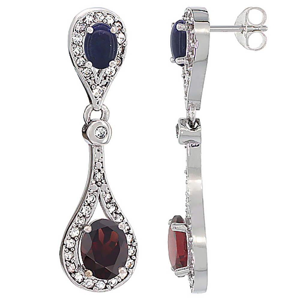 10K WHITE GOLD NATURAL GARNET & LAPIS OVAL DANGLING EARRINGS WHITE SAPPHIRE & DIAMOND ACCENTS, 1 3/8 INCHES LONG