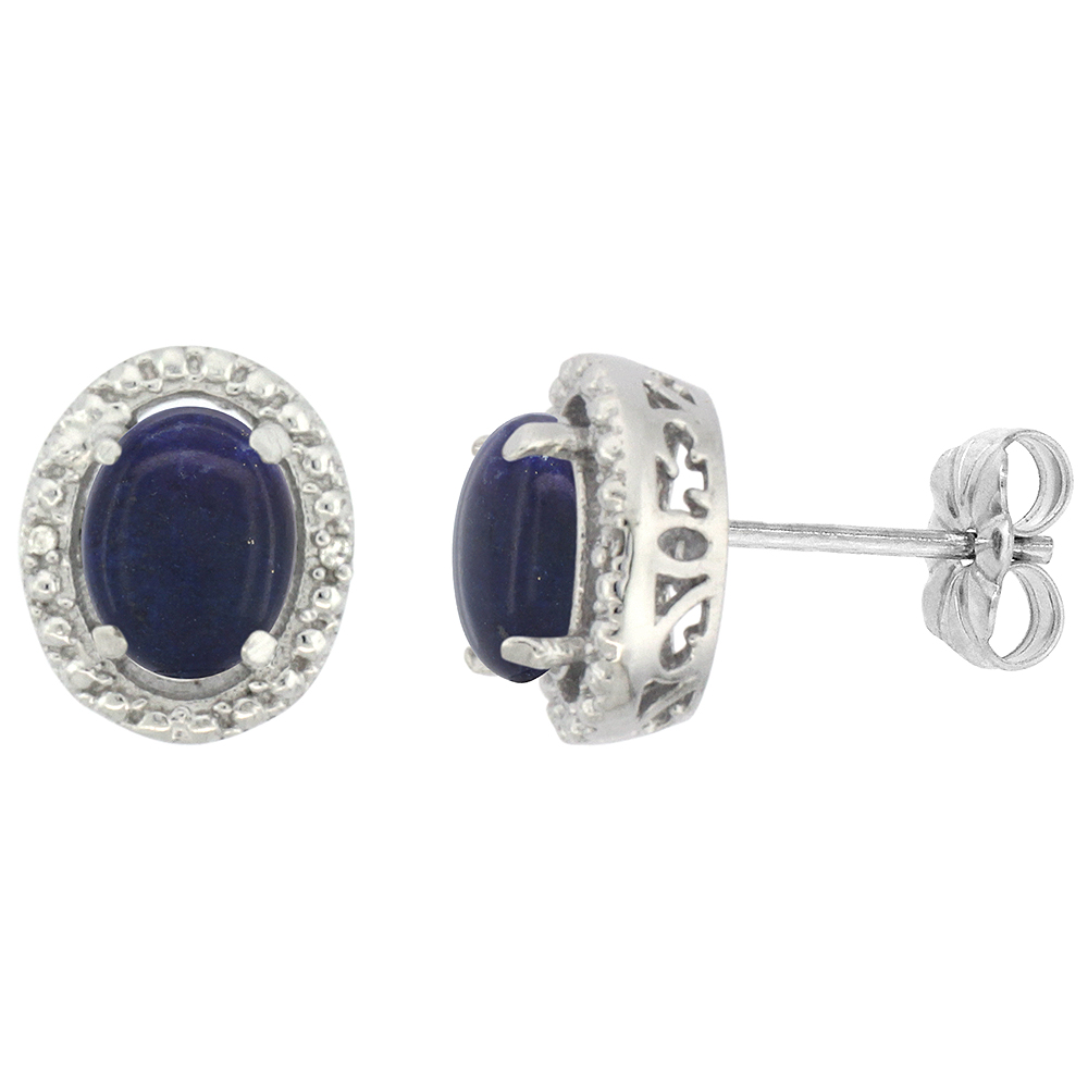 10K White Gold 0.01 cttw Diamond Natural Lapis Post Earrings Oval 7x5 mm