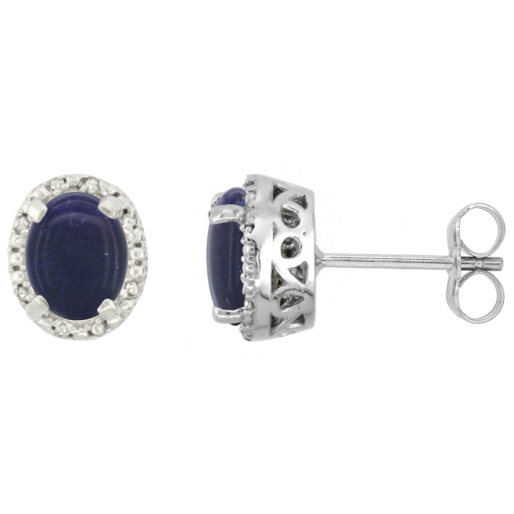 10K White Gold Diamond Halo Natural Lapis Stud Earrings Oval 7x5 mm