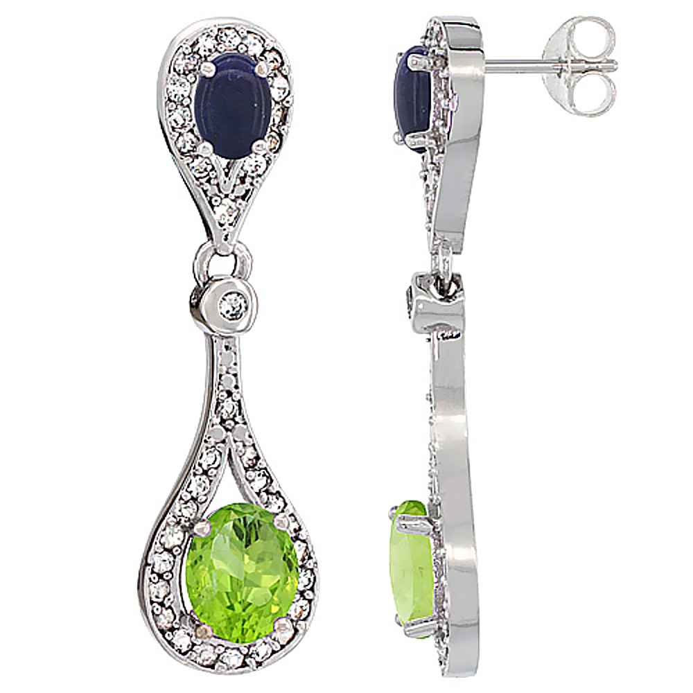 10K WHITE GOLD NATURAL PERIDOT & LAPIS OVAL DANGLING EARRINGS WHITE SAPPHIRE & DIAMOND ACCENTS, 1 3/8 INCHES LONG