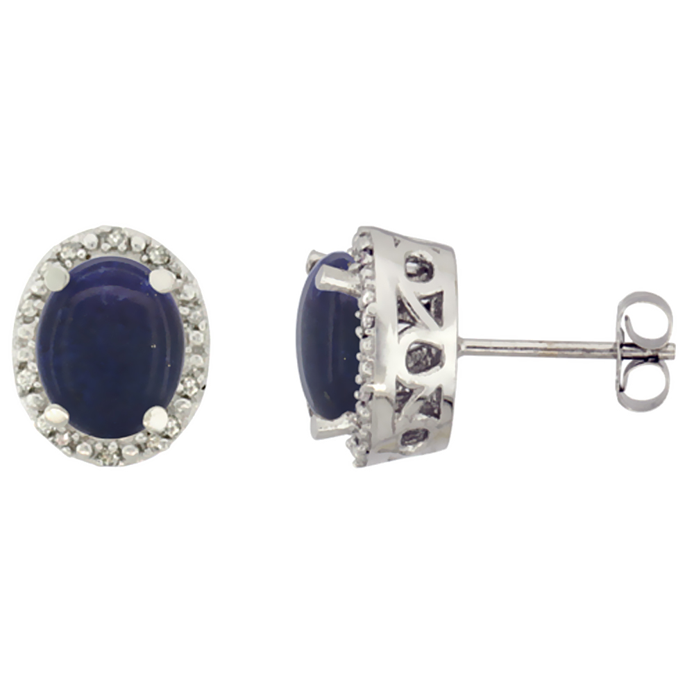 10K WHITE GOLD GENUINE LAPIS STUD EARRINGS DIAMOND HALO OVAL 8X6 MM