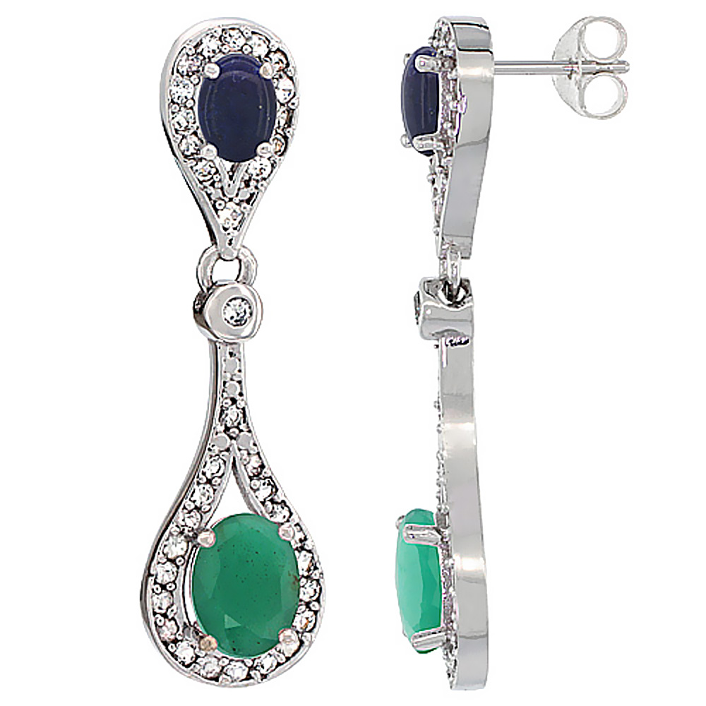10K WHITE GOLD NATURAL EMERALD & LAPIS OVAL DANGLING EARRINGS WHITE SAPPHIRE & DIAMOND ACCENTS, 1 3/8 INCHES LONG