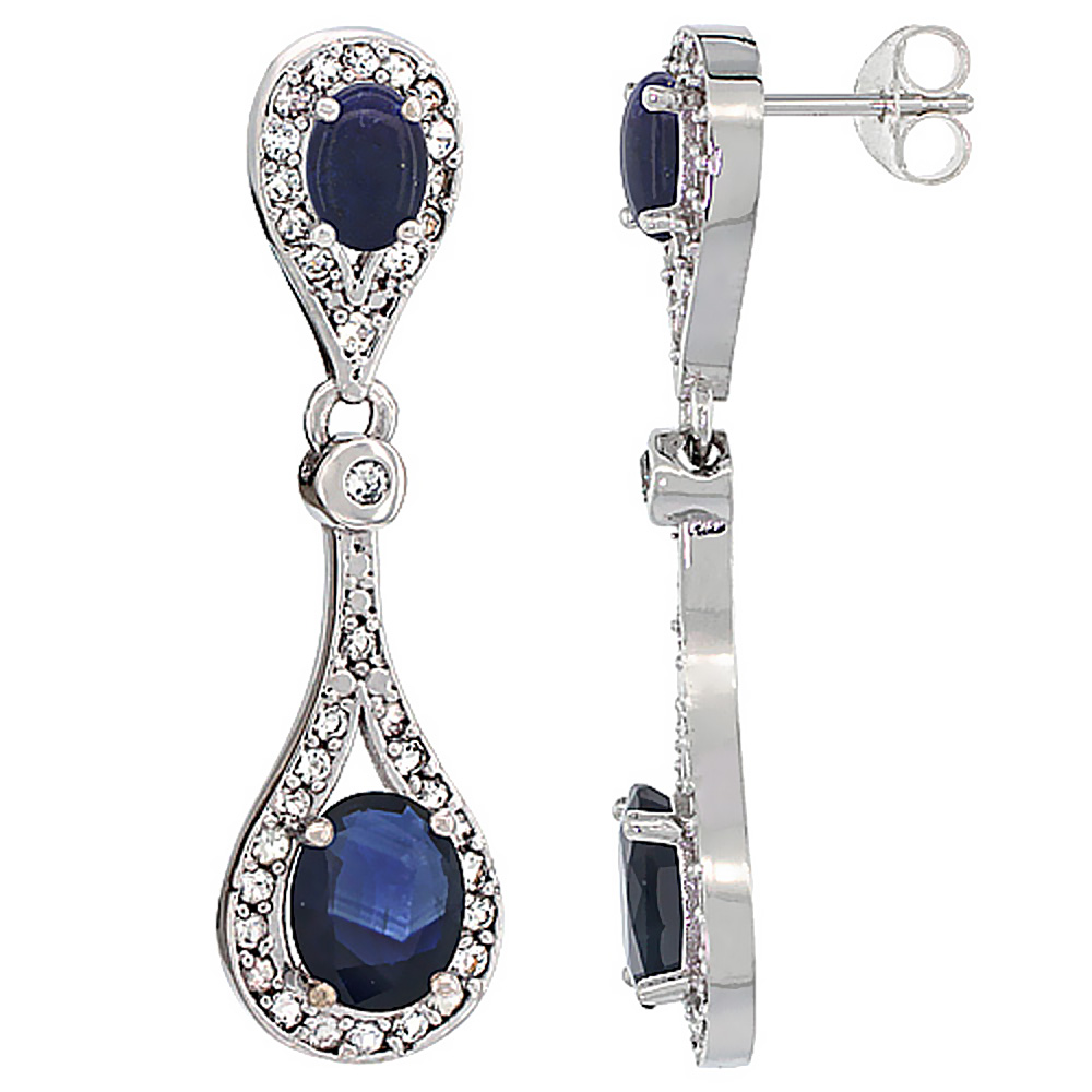10K WHITE GOLD NATURAL BLUE SAPPHIRE & LAPIS OVAL DANGLING EARRINGS WHITE SAPPHIRE & DIAMOND ACCENTS, 1 3/8 INCHES LONG