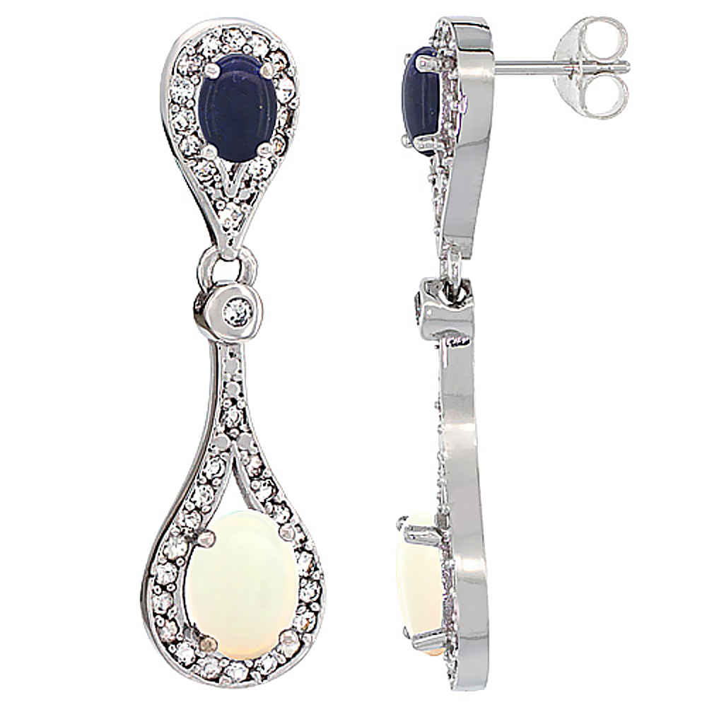 10K WHITE GOLD NATURAL OPAL & LAPIS OVAL DANGLING EARRINGS WHITE SAPPHIRE & DIAMOND ACCENTS, 1 3/8 INCHES LONG