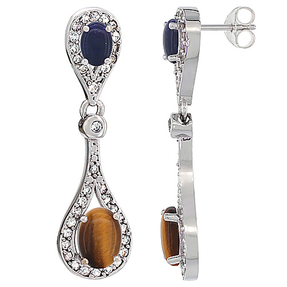 10K WHITE GOLD NATURAL TIGER EYE & LAPIS OVAL DANGLING EARRINGS WHITE SAPPHIRE & DIAMOND ACCENTS, 1 3/8 INCHES LONG