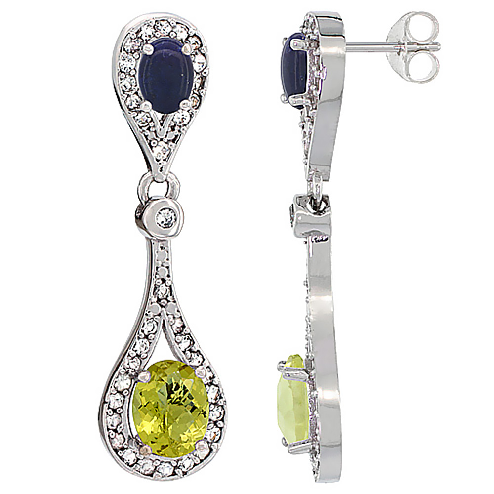 10K WHITE GOLD NATURAL LEMON QUARTZ & LAPIS OVAL DANGLING EARRINGS WHITE SAPPHIRE & DIAMOND ACCENTS, 1 3/8 INCHES LONG