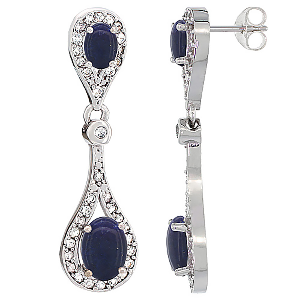 10K WHITE GOLD NATURAL LAPIS OVAL DANGLING EARRINGS WHITE SAPPHIRE & DIAMOND ACCENTS, 1 3/8 INCHES LONG
